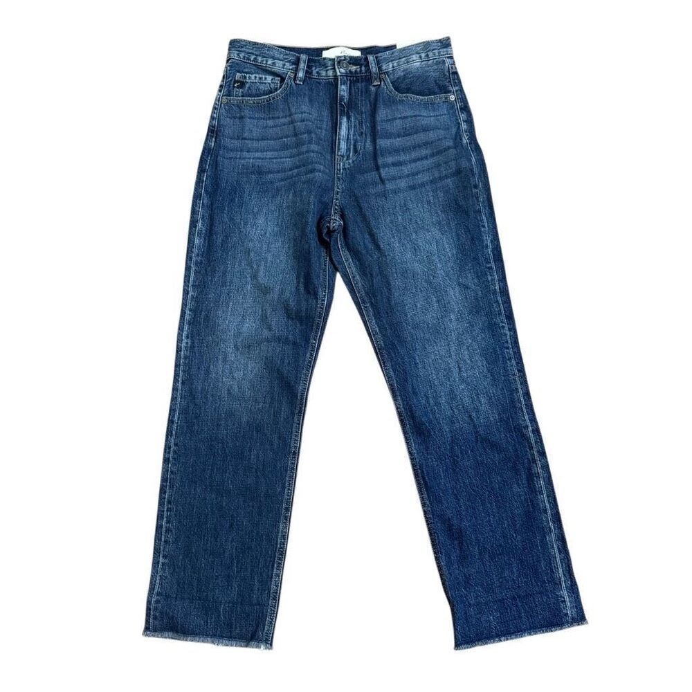 NEW Kancan Straight Leg High Rise Jeans Raw Hem Dark Wash Size 7 / 27